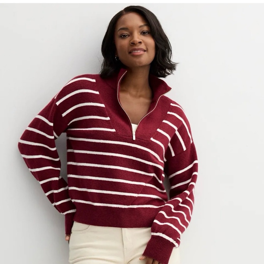 Draper James Burgundy Stripe‎ Quarter Zip Pullover Sweater XL Classic Cozy